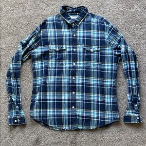 Express Men's Navy Blue and Green Plaid Button Down Shirt